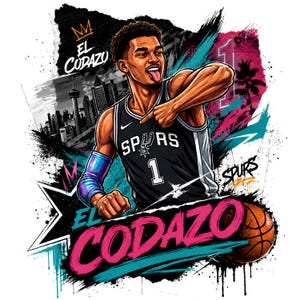 Puede incluir: Ilustración de un jugador de baloncesto con una camiseta negra y plateada con el número 1. La imagen presenta el texto "EL CORAZO" y "SPURS" con una pelota de baloncesto y un paisaje urbano de fondo. La paleta de colores incluye negro, blanco, rosa y turquesa.