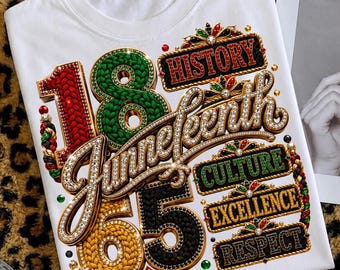 May include: White t-shirt with a colorful Juneteenth design. The design features the numbers 1865 in red, green, black, and gold, along with the word "Juneteenth" in a sparkling font. The words "History", "Culture", "Excellence", and "Respect" are also included.