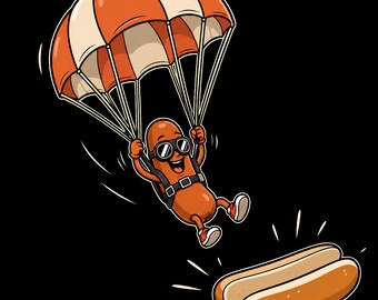 May include: A cartoon illustration of a hot dog wearing goggles and a harness, parachuting towards a hot dog bun. The parachute is orange and white. The background is black.