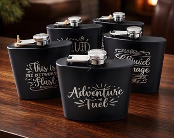 Personalized Laser Engraved Black Stainless Steel Flask, Custom Groomsmen Gift, 6oz