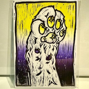 Linogravure non binaire Pride Paw | Art de chat LGBTQ fait main | Impression Lino en deux passes 5 x 7