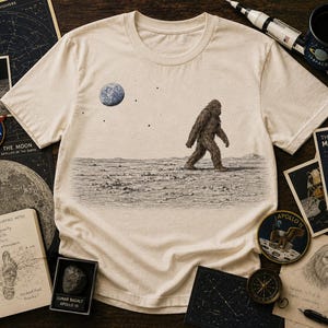 Bigfoot on the Moon T-Shirt | Funny Sasquatch Space Tee | Moonwalker Cryptid Shirt | Gildan 64000 Graphic Tee