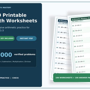 May include: A set of 100 printable math worksheets for grades 1-3, featuring 2,000 arithmetic problems covering addition, subtraction, multiplication, and division. The dark blue informational panel includes an answer key and instant PDF access.