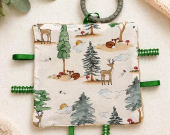 Baby Sensory Tag Blanket Toy Woodlands, Crinkle Teether Toy, Montessori Baby Toy, Baby Shower Gift, Soft Minky Lovey, Infant Sensory Toy
