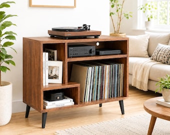 Mid Century Record Player Stand with Vinyl Storage, Walnut Turntable Cabinet, LP Media Console, Stereo Entertainment Center