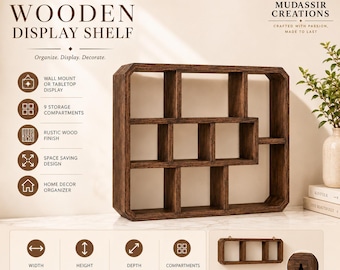 Rustic Wooden Wall Display Shelf, 9 Compartment Floating Shadow Box, Vintage Trinket Organizer, Tabletop Decor Shelf