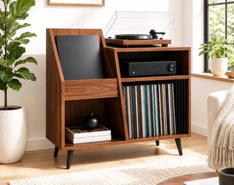 Support pour tourne-disque en noyer avec rangement pour vinyle | Tourne-disque Mid-Century | Organisateur de disques vinyles | Console multimédia moderne