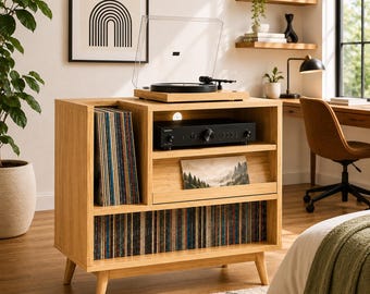 Record Player Stand with Vinyl Storage, Turntable Cabinet, LP Record Organizer, Mid Century Media Console, Engineered Wood