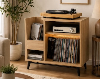 Walnut Record Player Stand with Vinyl Storage | Mid Century Turntable Cabinet | Modern LP Storage Console with Open Shelf