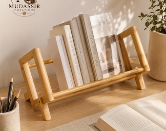 Modern Bamboo Desktop Bookshelf Organizer | Japandi Book Rack | Wooden Desk Storage Shelf for Books Files Magazines