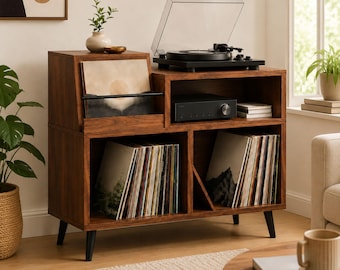 Modern Record Player Stand with Vinyl Storage Cabinet, Mid Century Turntable Console, LP Organizer, Media Storage Unit