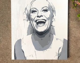 Amy Poehler Portrait: Laughing Wood Art, Greyscale Painting