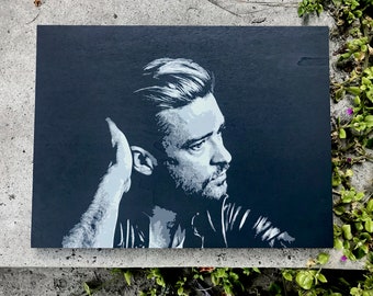 Justin Timberlake Stencil Art: Anthracite Grey Wood Panel