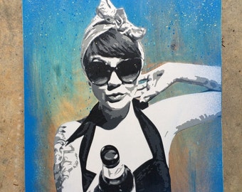 Savy: Stencil Portrait on Plywood - Woman with Beer, Summer Vibes (16x20)