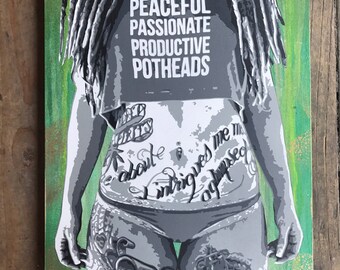 Tattooed Damsel Portrait: Stencil Art on Wood Panel