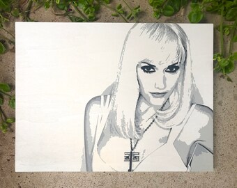 Gwen Stefani Wood Panel Art: 90s Pop Icon, Grey Scale Painting (16x12)