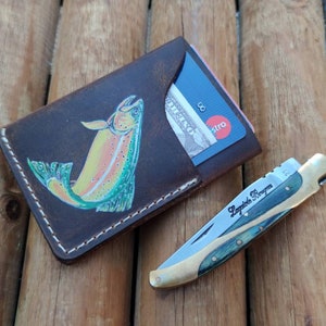 Personalized Leather Fly Fishing Wallet / Card Holder-Trout Jumping Custom Painted-fly fishing wallets-fisherman gift-fly fishing gifts image 6