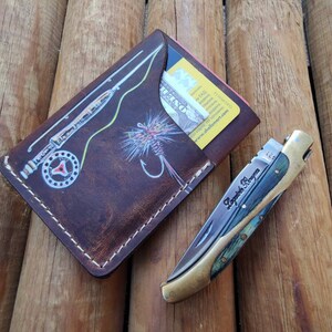 Personalized Leather Fly Fishing Wallet / Card Holder-Trout Jumping Custom Painted-fly fishing wallets-fisherman gift-fly fishing gifts image 2