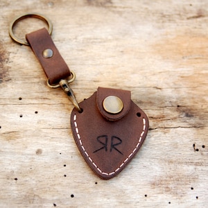Personalized leather guitar pick holder with Initials and  keychain - fathers day gift