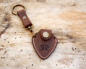 Personalized leather guitar pick holder with Initials and  keychain - fathers day gift