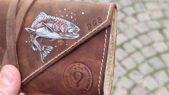 Personalized Leather Fly Fishing Wallet With Sheep Skin- Trout Jumping Custom Painted-fishing wallets-fisherman gift-flies Pouch