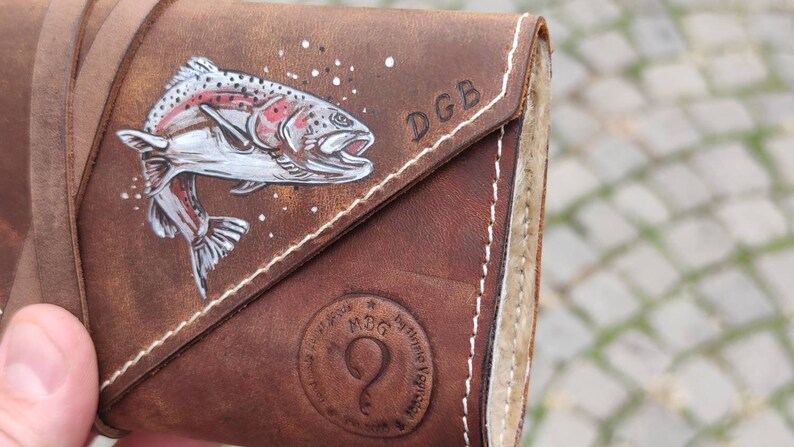 Personalized Leather Fly Fishing Wallet With Sheep Skin Trout | Etsy