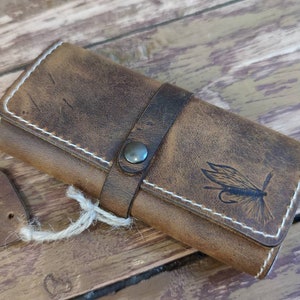 Personalisierte Leder Fliegenfischen Brieftasche mit Schaffell -Angeln Brieftaschen-Fischer Geschenk-Fliegen Beutel-Fliegen Angeln Geschenke