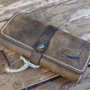 Personalized Leather Fly Fishing Wallet with Sheep skin fishing wallets-fisherman gift-flies pouch-fly fishing gifts image 2