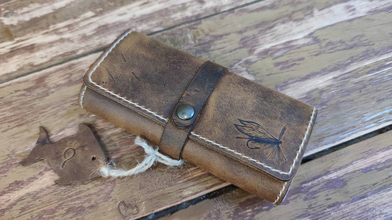 Personalized Leather Fly Fishing Wallet with Sheep skin fishing wallets-fisherman gift-flies pouch-fly fishing gifts image 2