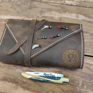 Cartera de cuero personalizada para pesca con mosca con piel de oveja - carteras de pesca - regalo para pescadores - bolsa para moscas - regalos para pesca con mosca