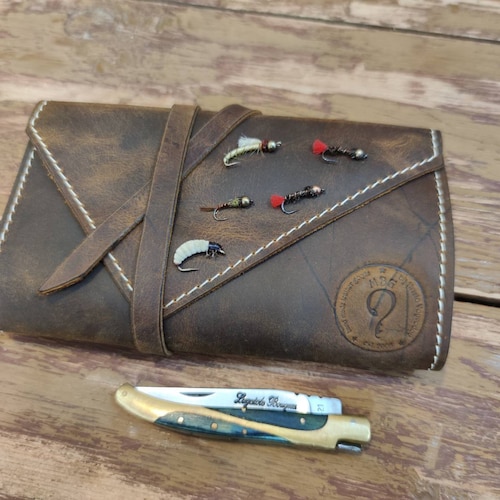 Personalized Leather Fly Fishing Wallet With Sheep Skin Etsy