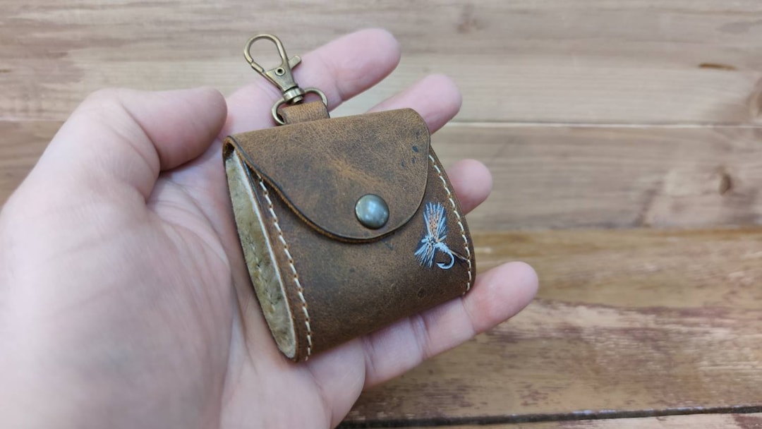 Personalized Leather Fly Fishing Wallet With Sheep Skin Custom Hand