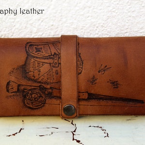 Cartera de cuero para pesca con mosca personalizada con pirograbado e iniciales - carteras de pesca - regalo para pescadores - bolsa para moscas - regalos para pesca con mosca