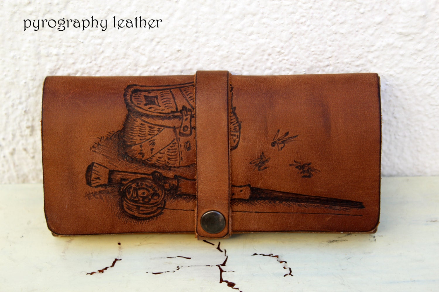 Leather Fly Fishing Wallet Personalized With Pyrography and