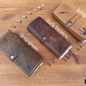 Personalized Leather Fly Fishing Wallet with Sheep skin -fishing wallets-fisherman gift-flies pouch-fly fishing gifts image 2