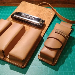 Personalisierte Leder Mundharmonika Tasche für drei 10 Loch Mundharmonikas