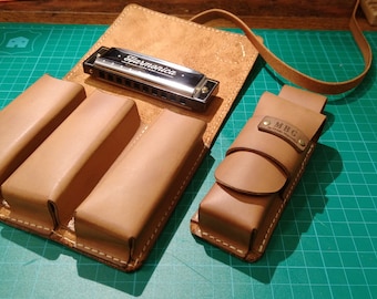 Estuche de armónica de cuero personalizado para tres armónicas diatónicas de 10 agujeros