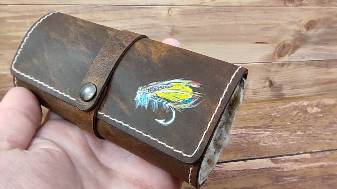 Personalized Leather Fly Fishing Wallet With Sheep Skin Custom Hand