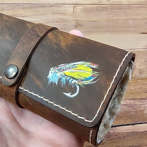 Cartera de cuero personalizada para pesca con mosca con piel de oveja - Carteras de pesca con mosca pintadas a mano personalizadas - Regalo para pescadores - Bolsa para moscas