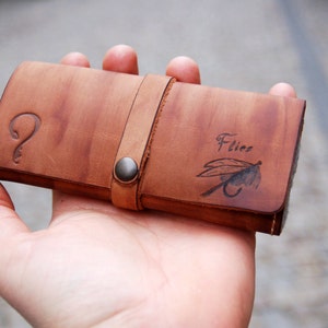 Personalisierte Leder Fliegenfischen Brieftasche mit Schaffell -Angeln Brieftaschen-Fischer Geschenk-Fliegen Beutel-Fliegen Angeln Geschenke