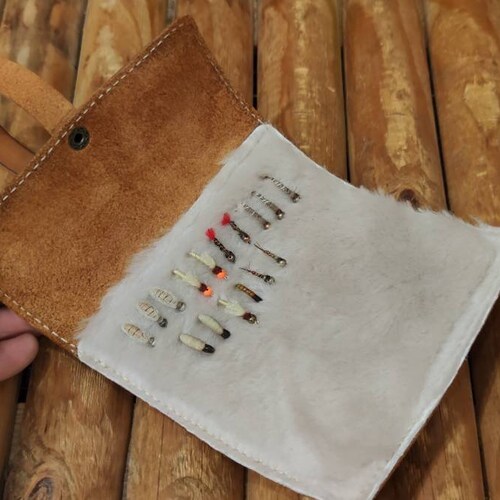 Personalized Leather Fly Fishing Wallet With Sheep Skin Etsy