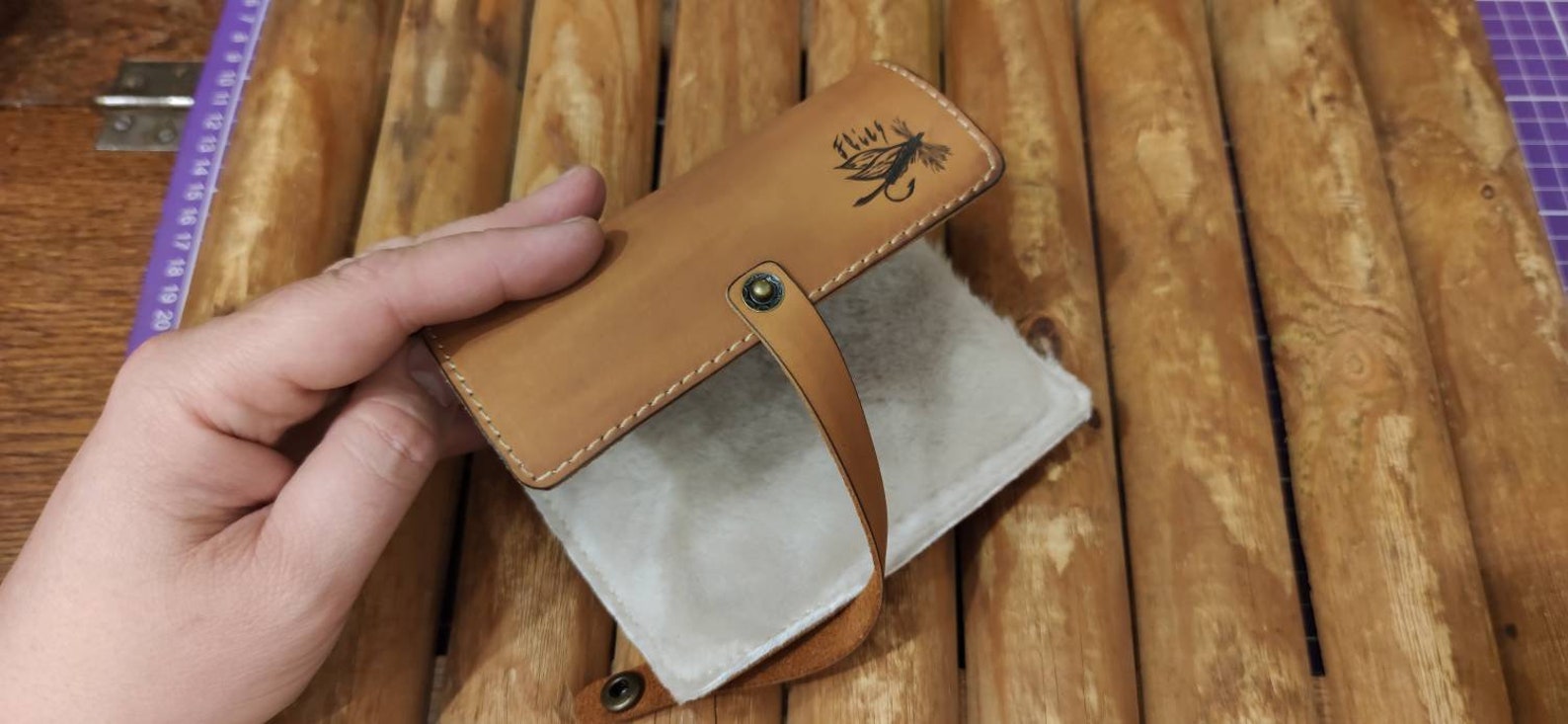 Personalized Leather Fly Fishing Wallet With Sheep Skin Etsy