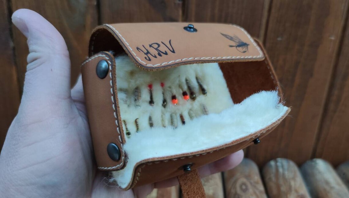 Personalized Leather Fly Fishing Wallet With Sheep Skin | Etsy
