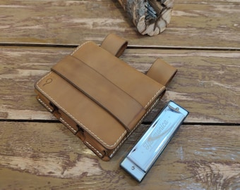 Estuche de armónica de cuero personalizado para tres armónicas diatónicas de 10 agujeros