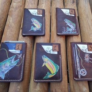 Personalized Leather Fly Fishing Wallet / Card Holder-Trout Jumping Custom Painted-fly fishing wallets-fisherman gift-fly fishing gifts image 8