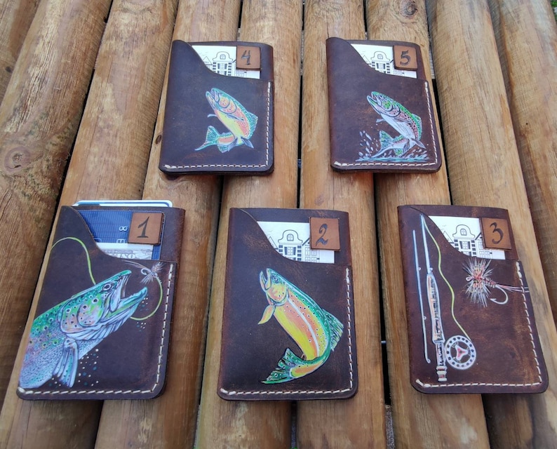 Personalized Leather Fly Fishing Wallet / Card Holder-Trout Jumping Custom Painted-fly fishing wallets-fisherman gift-fly fishing gifts image 8