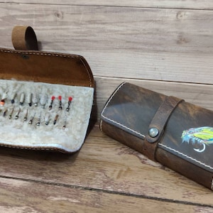 Cartera de cuero personalizada para pesca con mosca con piel de oveja - Carteras de pesca con mosca pintadas a mano personalizadas - Regalo para pescadores - Bolsa para moscas