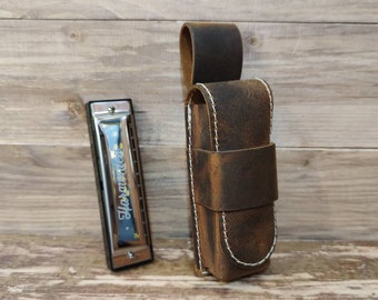 Personalized Leather harmonica case for one 10 hole diatonic harmonica