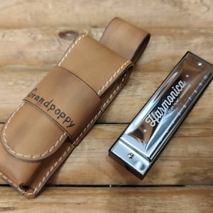 Personalized Leather harmonica case for one 10 hole diatonic harmonica