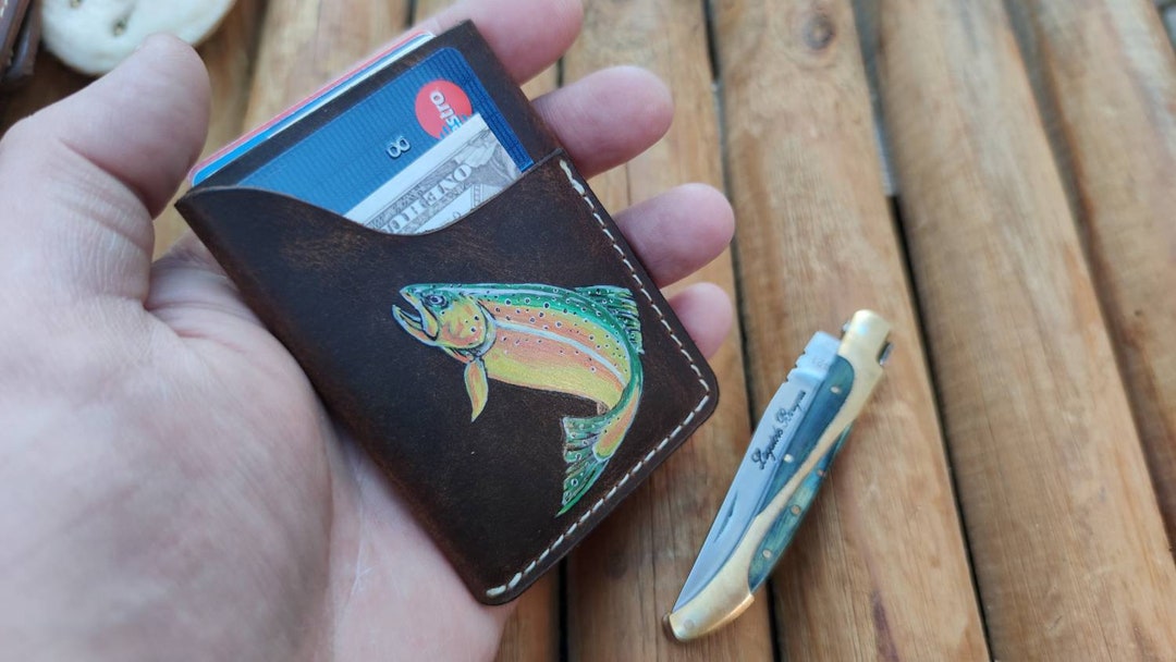 Personalized Leather Fly Fishing Wallet / Card Holdertrout Jumping